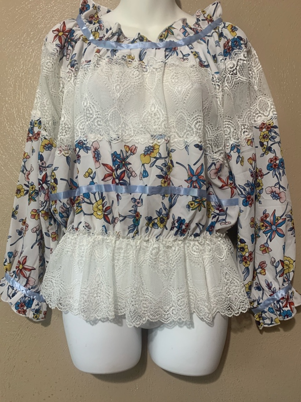 POL size S White Floral Lace Peasant Blouse with Blue Satin Trim NWT